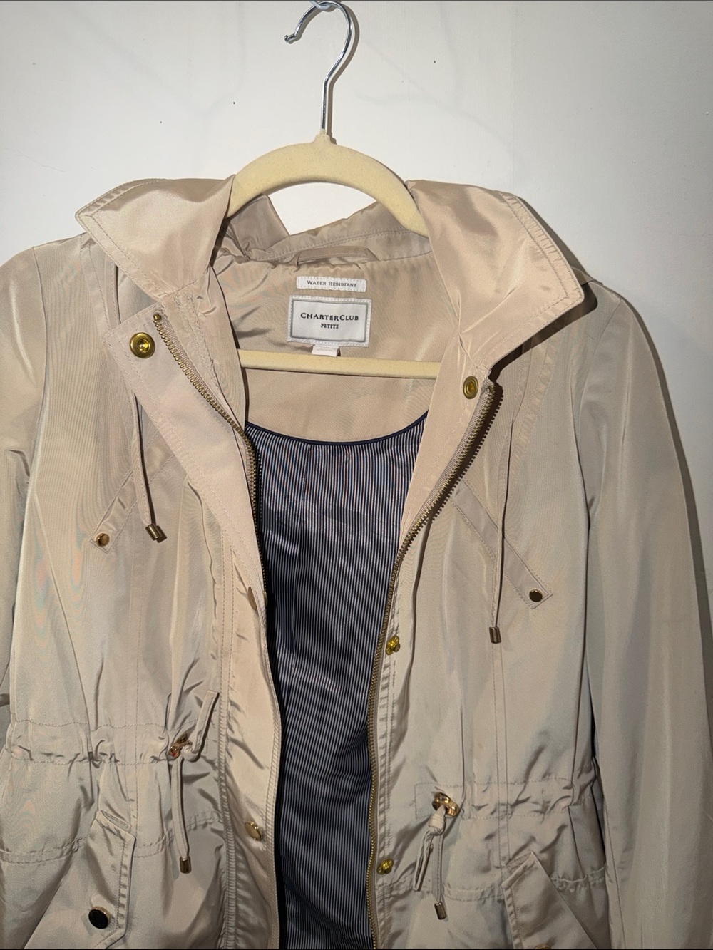 Charter Club Beige Utility Anorak Jacket with Gold Hardware water resistant